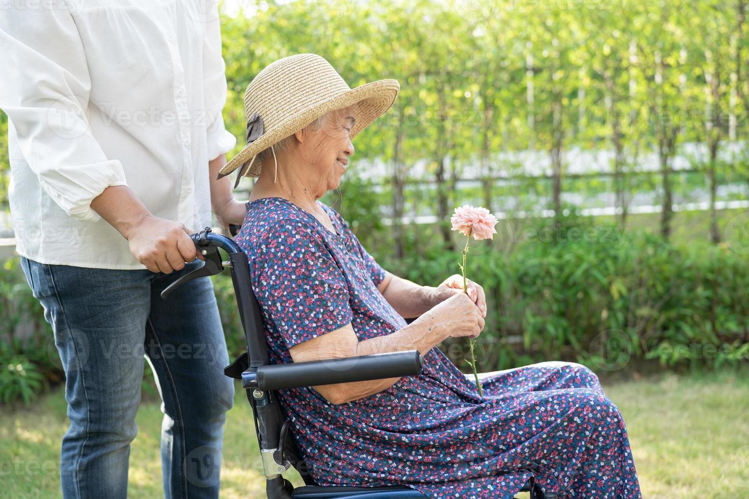 badante aiuto e cura asiatico anziano o anziano donna paziente seduta e felice sulla sedia a rotelle nel parco, sano concetto medico forte. foto