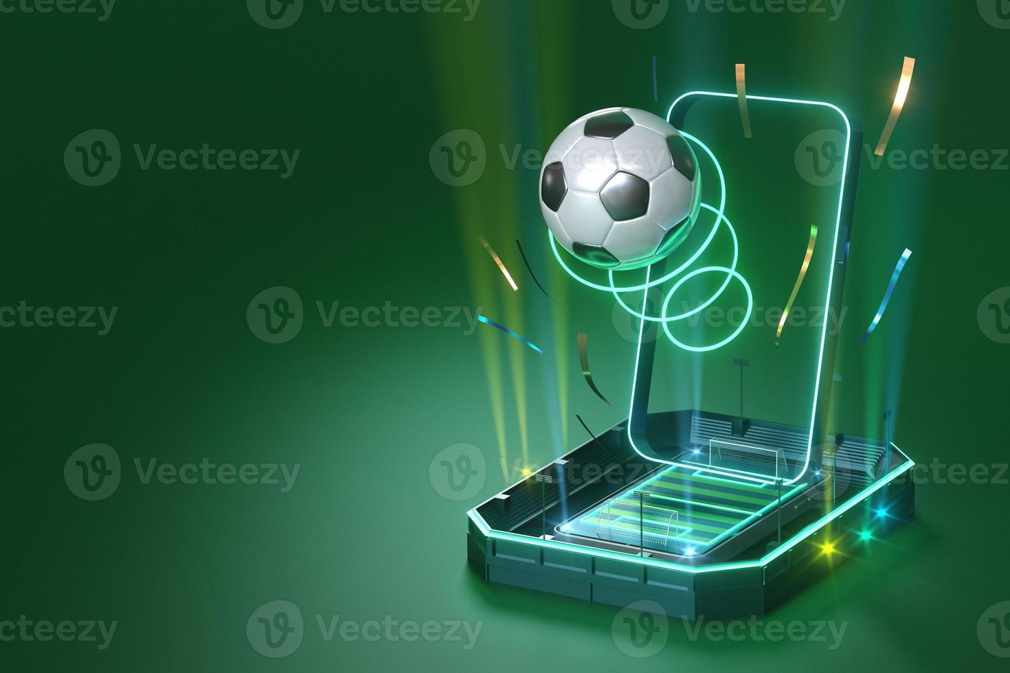 calcio palle oggetto, sport palla disegno, calcio elemento concetto, 3d illustrazione, astratto calcio tecnologia, smartphone mobile schermo, verde erba campo, in linea sport abitare, casinò sport attività commerciale foto