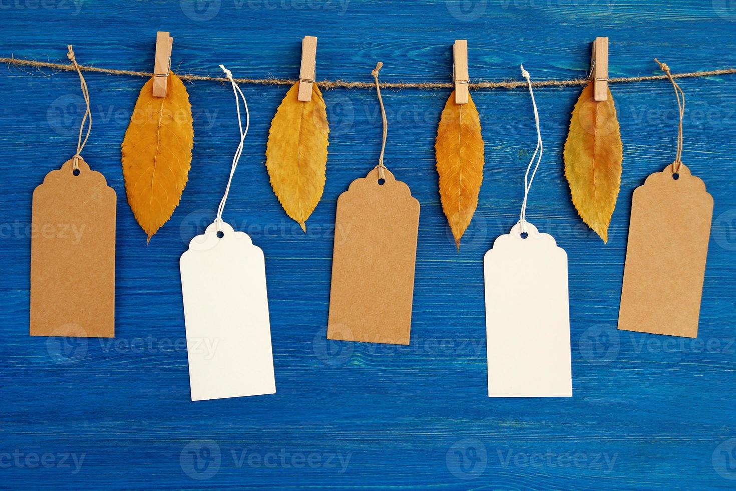 cinque Marrone e bianca vuoto carta prezzo tag o etichette impostato sospeso su un' corda con asciutto giallo autunno le foglie su il blu di legno sfondo. foto