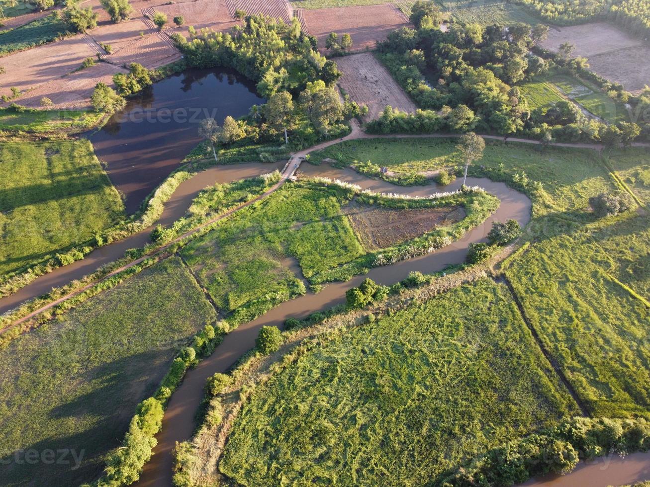 flussi meandro nel agricolo le zone durante il piovoso stagione con abbondanza di acqua. verde e caldo nel il mattina luce del sole. foto