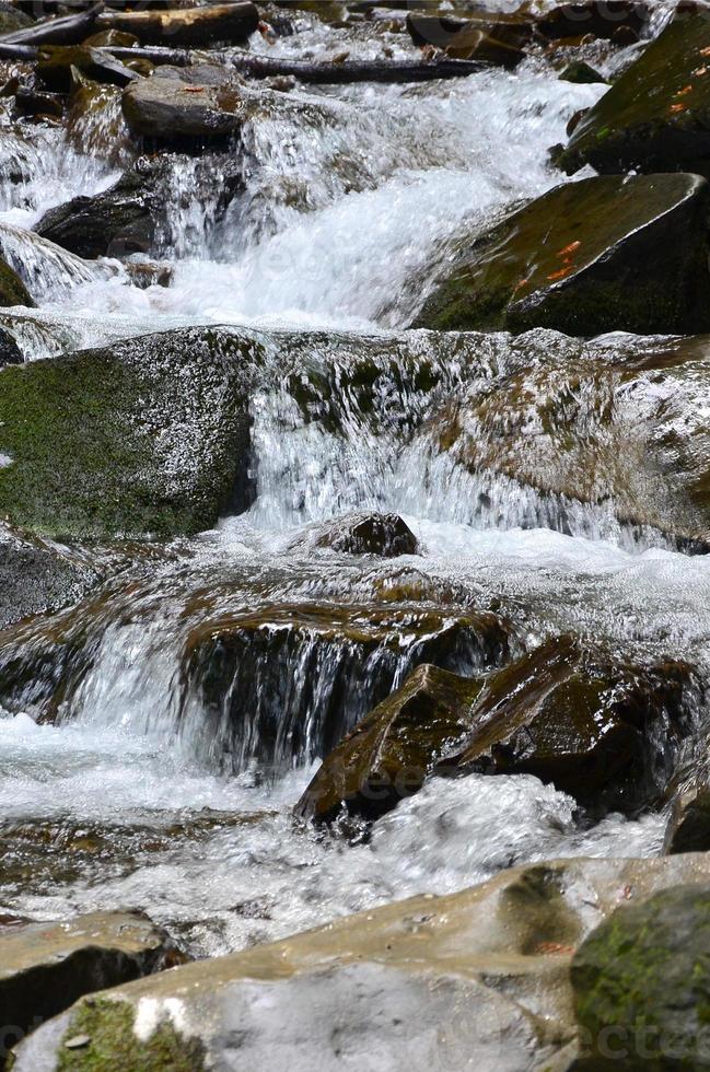 avvicinamento Immagine di un' piccolo selvaggio cascata nel il modulo di corto flussi di acqua fra montagna pietre foto