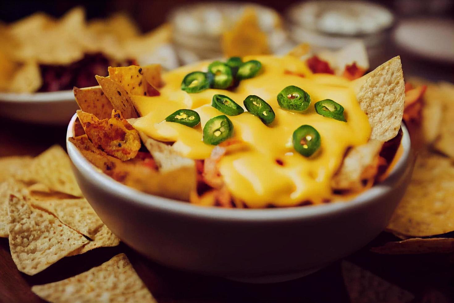 ciotola di Cheddar formaggio salsa con nachos, tortilla e jalapeno fette. foto