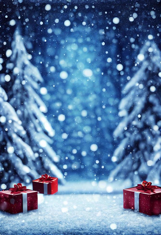 inverno scena con neve e pino alberi. Natale i regali nel il neve. striscione, anno Domini foto