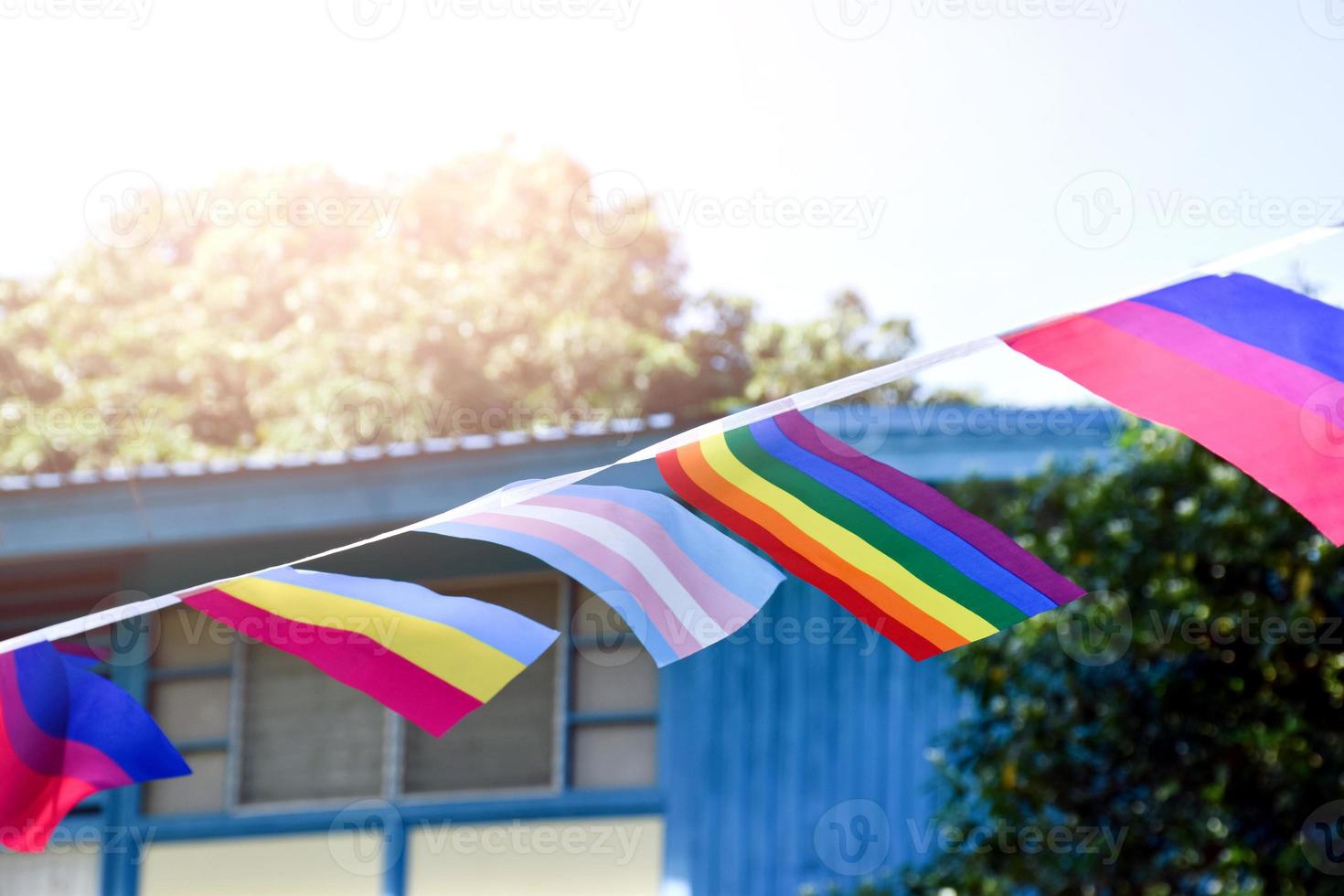 LGBTQ bandiere erano sospeso nel davanti di il asiatico Casa per decorare, rispetto Genere diversità e celebrare di LGBTQ Comunità nel orgoglio mese, morbido e selettivo messa a fuoco. foto