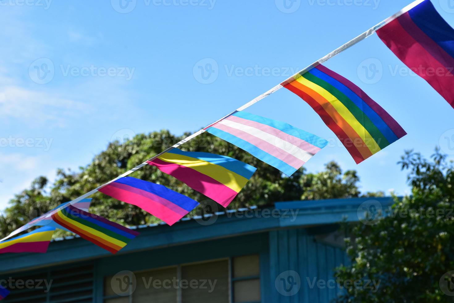 LGBTQ bandiere erano sospeso su filo per decorare al di fuori balcone di ristorante, morbido e selettivo messa a fuoco, concetto per LGBTQ più Genere celebrazioni nel orgoglio mese in giro il mondo. foto