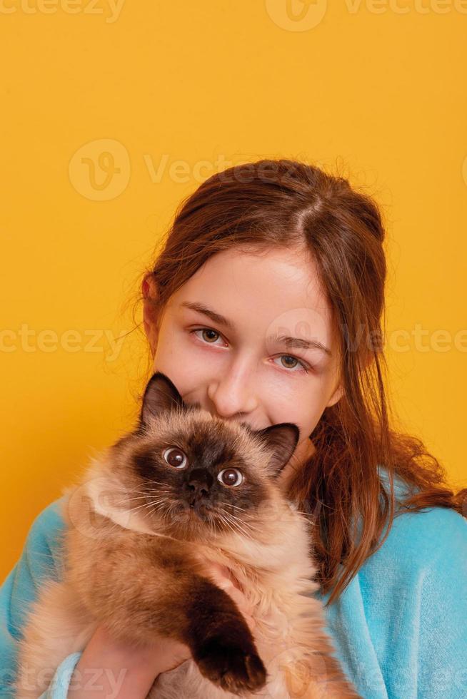 un' adolescenziale ragazza nel un' blu felpa con cappuccio con un' carino gatto nel sua braccia. il ragazza e sua gattino foto