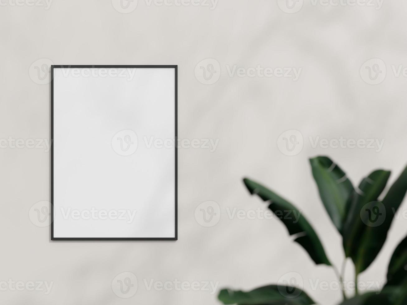 pulito e minimalista davanti Visualizza verticale nero foto o manifesto telaio modello sospeso su il parete con pianta. 3d resa.