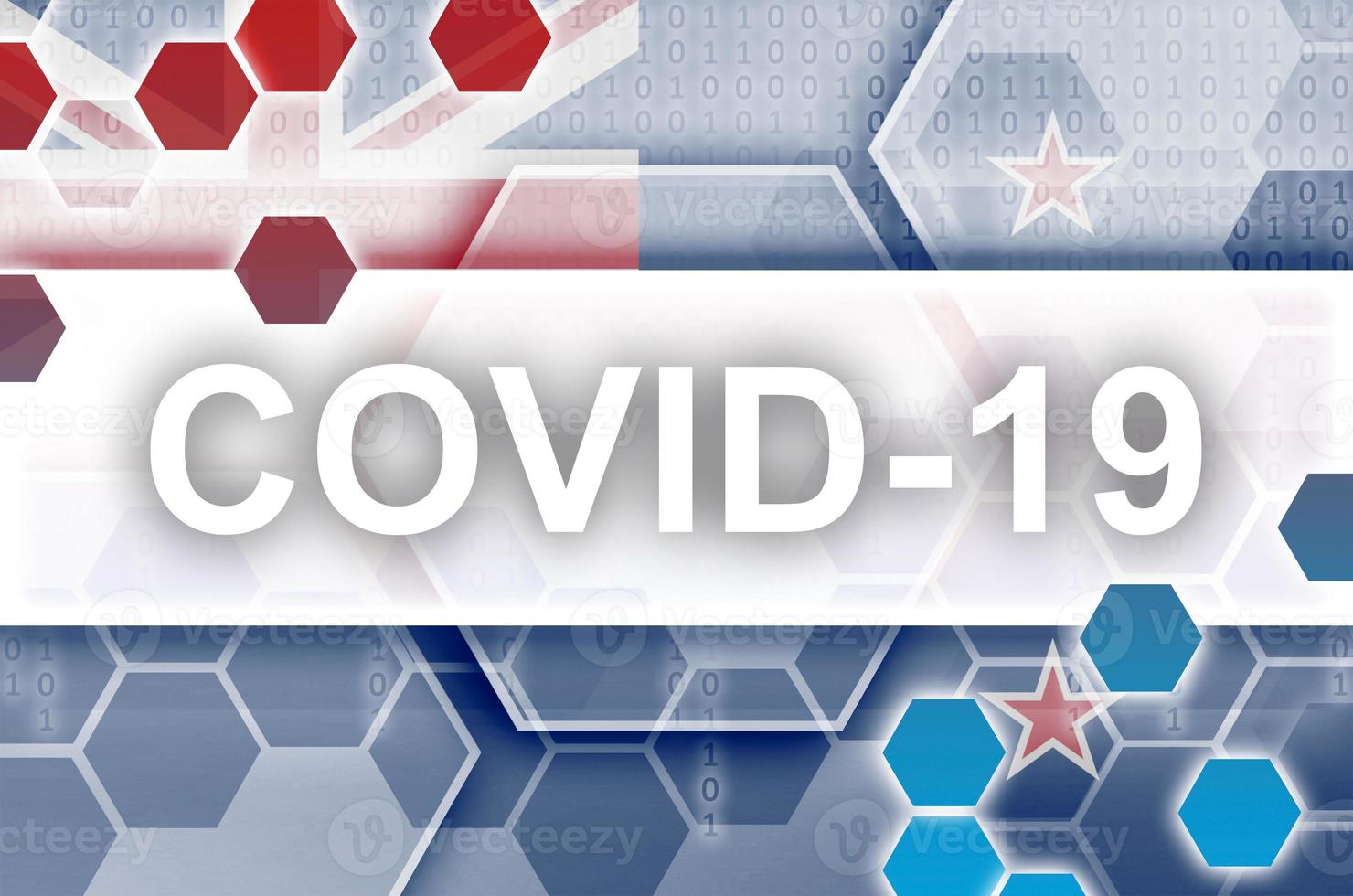 nuovo Zelanda bandiera e futuristico digitale astratto composizione con covid-19 iscrizione. coronavirus scoppio concetto foto