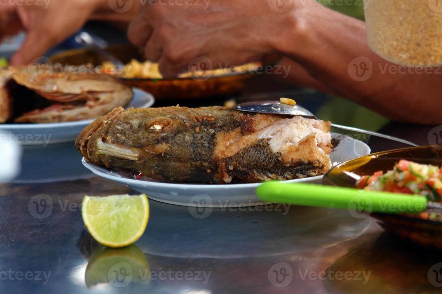 fritte dentice pesce servito con insalata e Farina di mais, tipico amazon cibo nel brasile foto