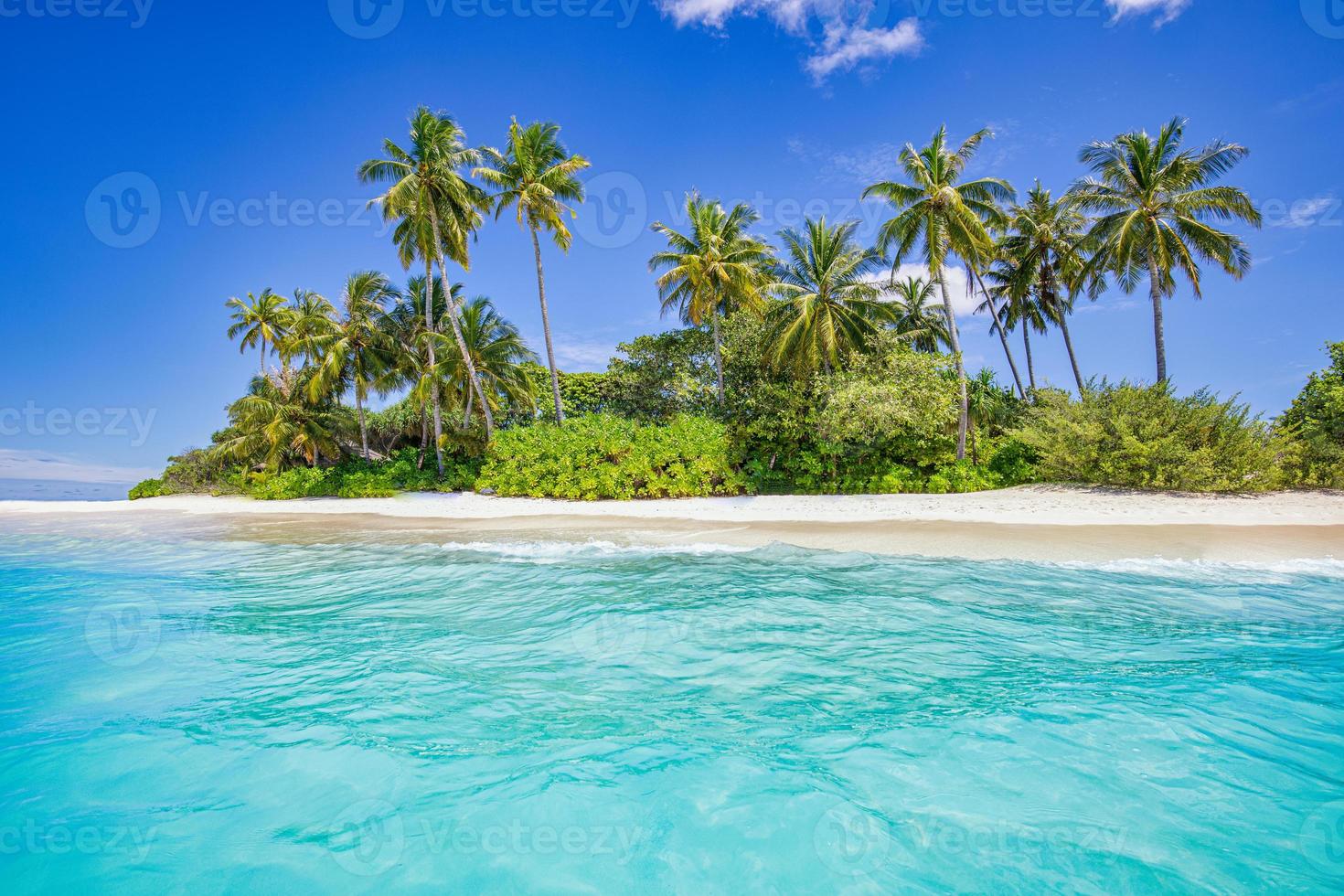 estate viaggio sfondo. esotico tropicale spiaggia isola, Paradiso costa. palma alberi bianca sabbia, sorprendente cielo oceano laguna. fantastico bellissimo natura sfondo, soleggiato giorno idilliaco ispirazione vacanza foto