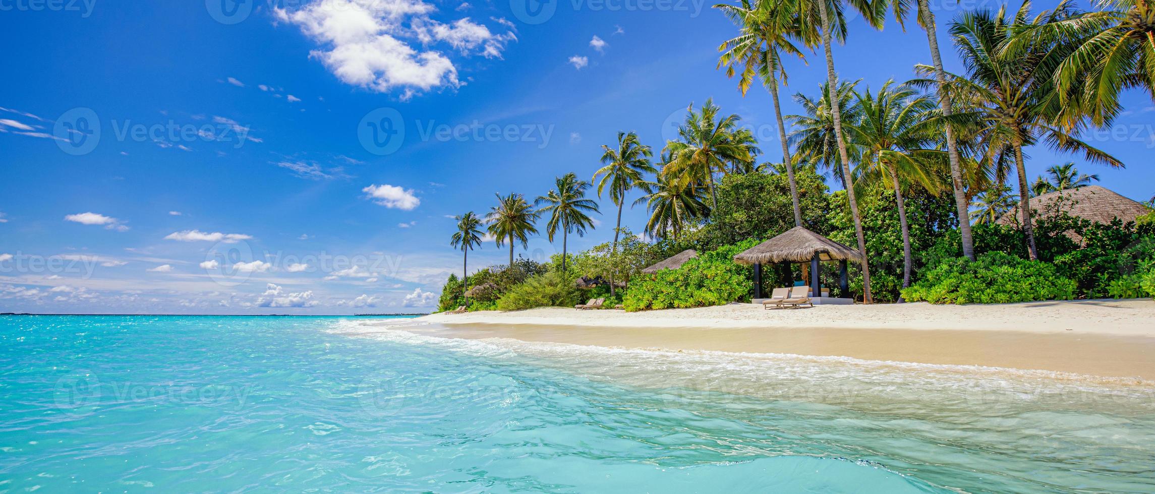 Paradiso isola spiaggia. tropicale paesaggio di estate scenario, mare sabbia cielo palma alberi. lusso viaggio vacanza destinazione. esotico spiaggia paesaggio. sorprendente natura, relax, la libertà natura concetto Maldive foto