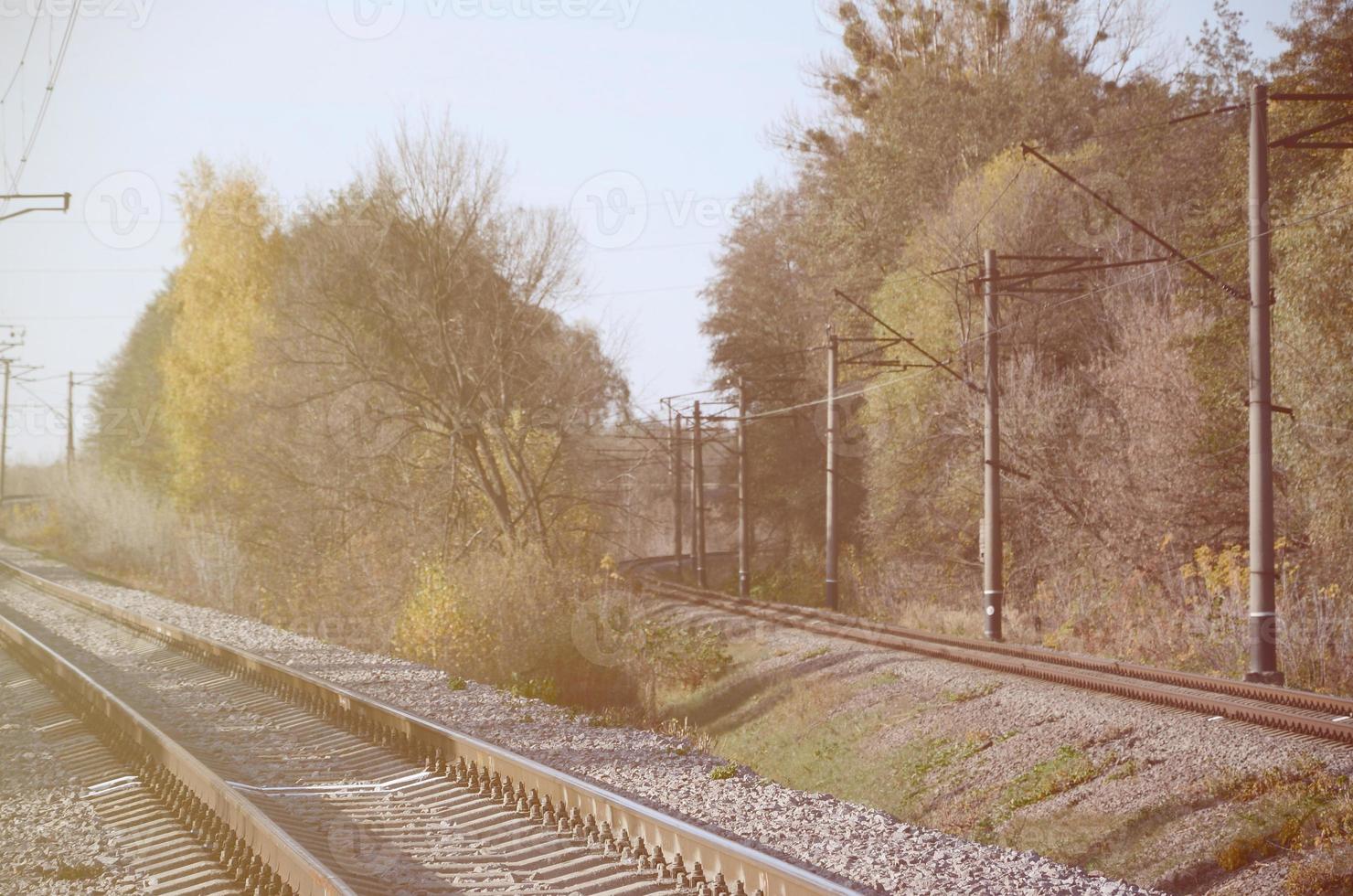 autunno industriale paesaggio. ferrovia sfuggente in il distanza tra verde e giallo autunno alberi foto