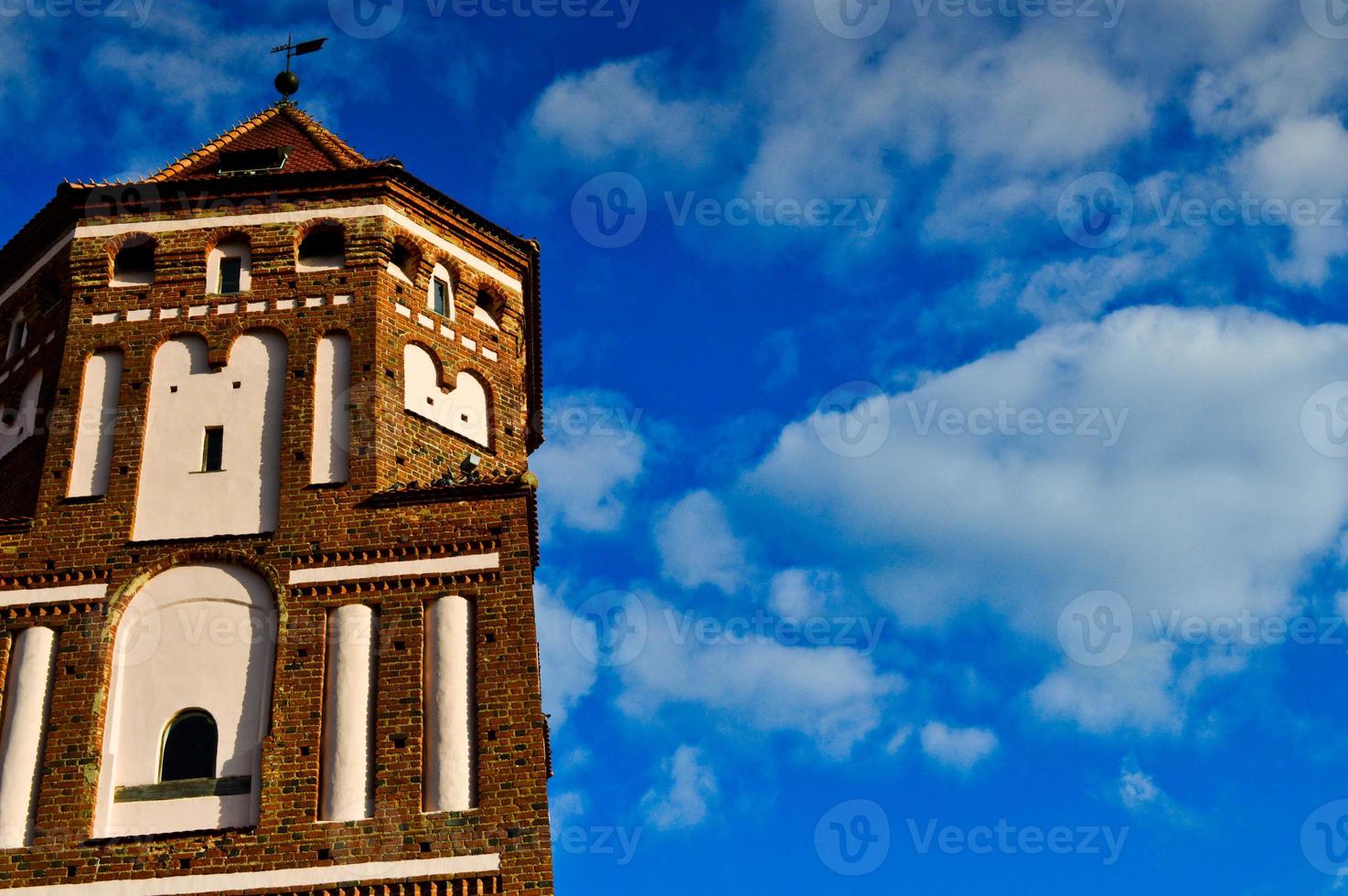 alto campanili e torri, il tetto di un vecchio, antico medievale barocco castello, un' Rinascimento, Gotico nel il centro di Europa contro un' blu cielo foto