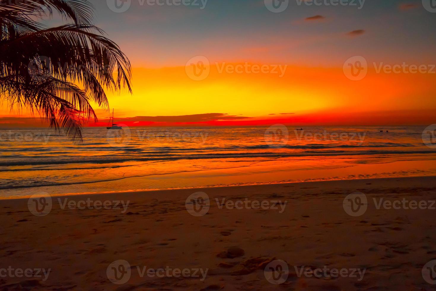 silhouette di bellissimo tramonto su il mare spiaggia con palma albero per viaggio nel vacanza rilassare volta, foto