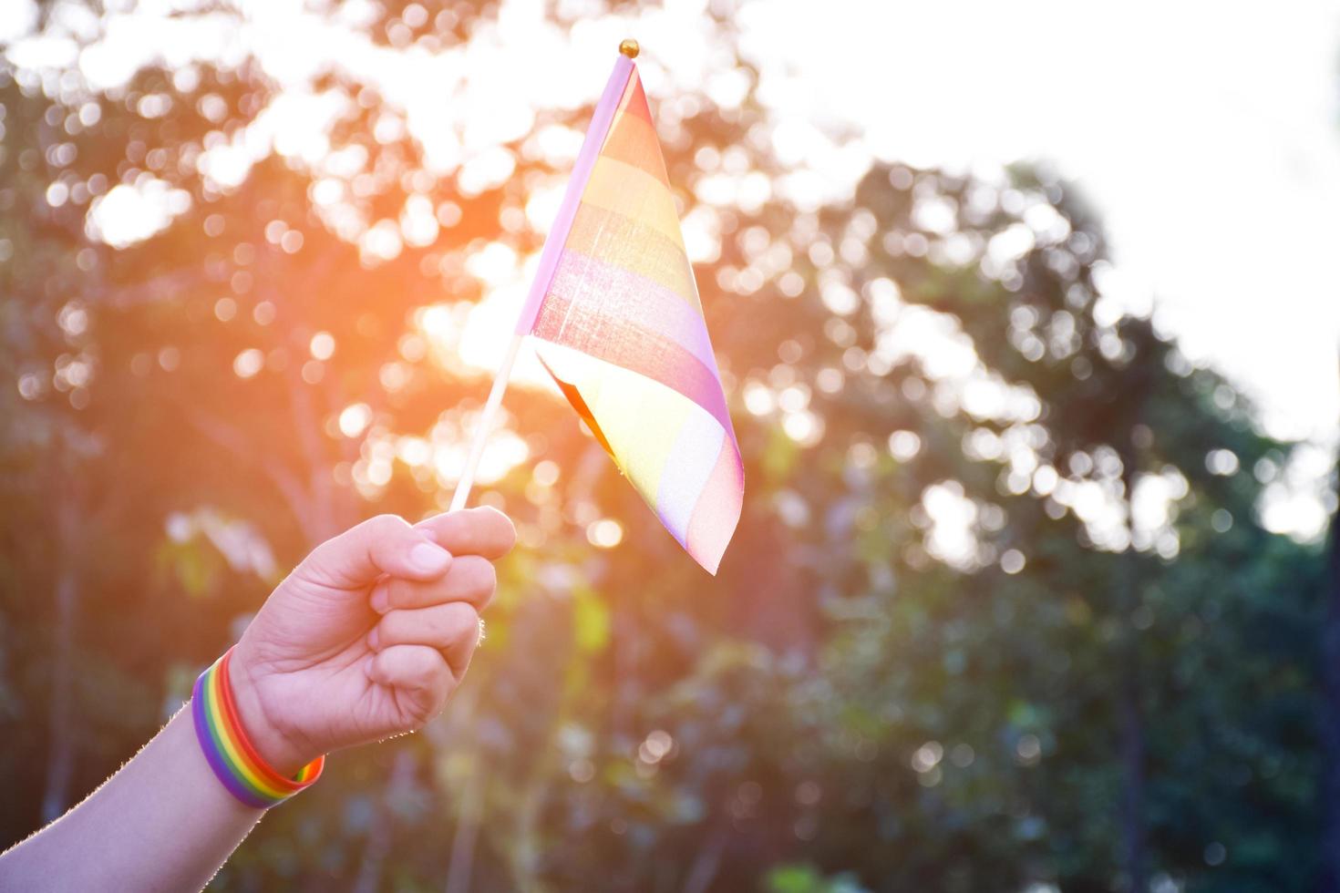 arcobaleno bandiera e braccialetti Tenere nel mani, morbido e selettivo messa a fuoco, concetto per LGBTQ generi celebrazioni e chiamata tutti persone per rispetto umano diritti nel orgoglio mese in giro il mondo. foto