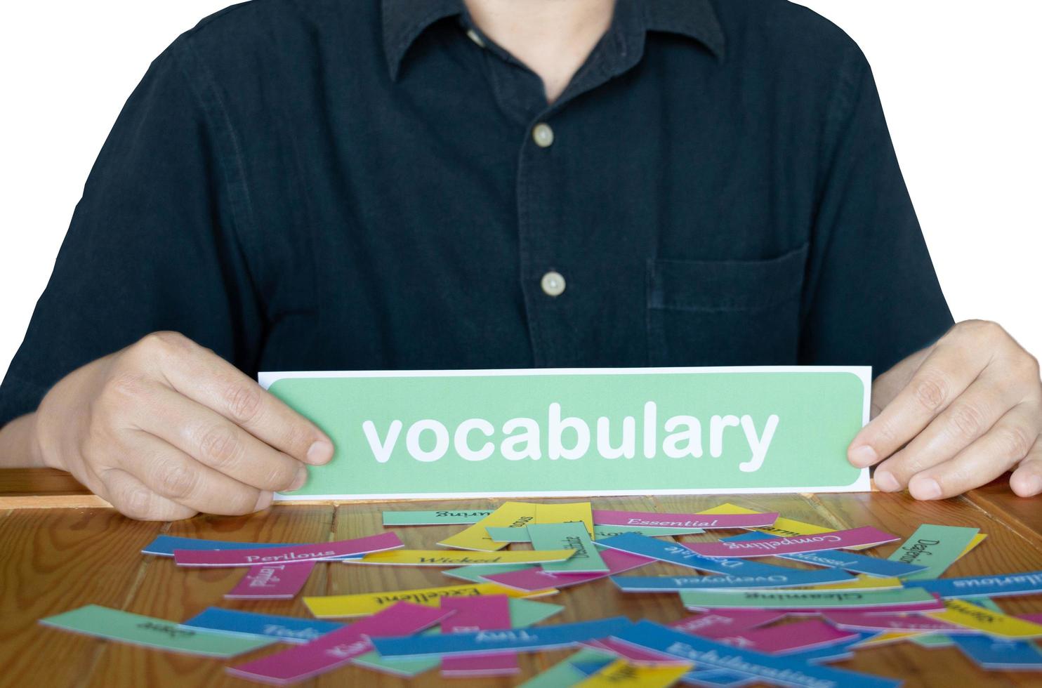 mano Tenere vocabolario carta con inglese parola carte foto