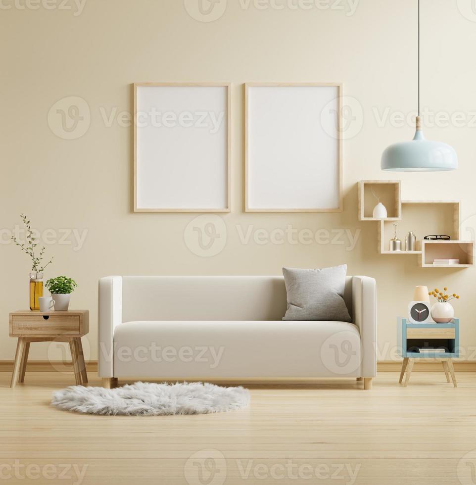 finto su manifesto telaio nel moderno interno con divano e Accessori nel il camera. 3d illustrazione interpretazione foto