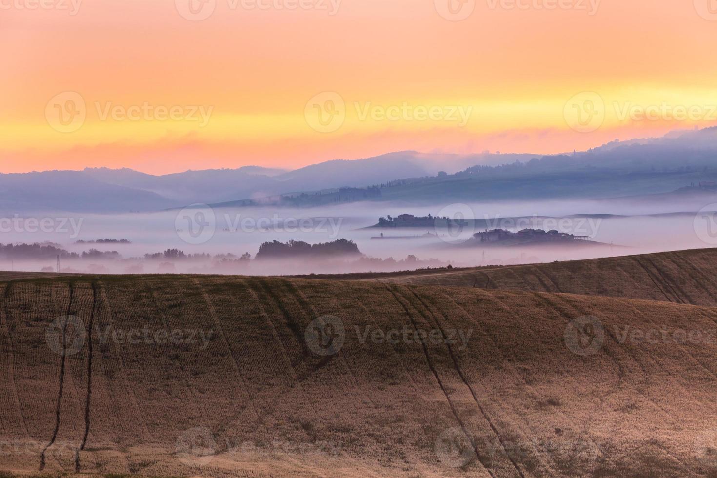 mattina nebbia Visualizza su terreni agricoli nel Toscana, Italia foto