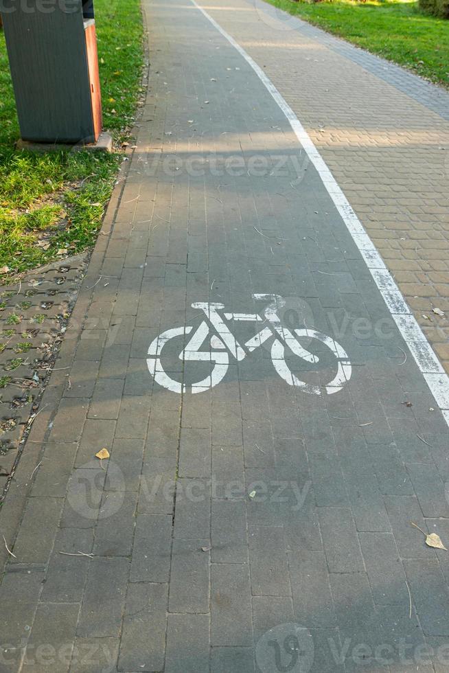 separato bicicletta corsia per equitazione biciclette. bianca dipinto bicicletta su asfalto. foto