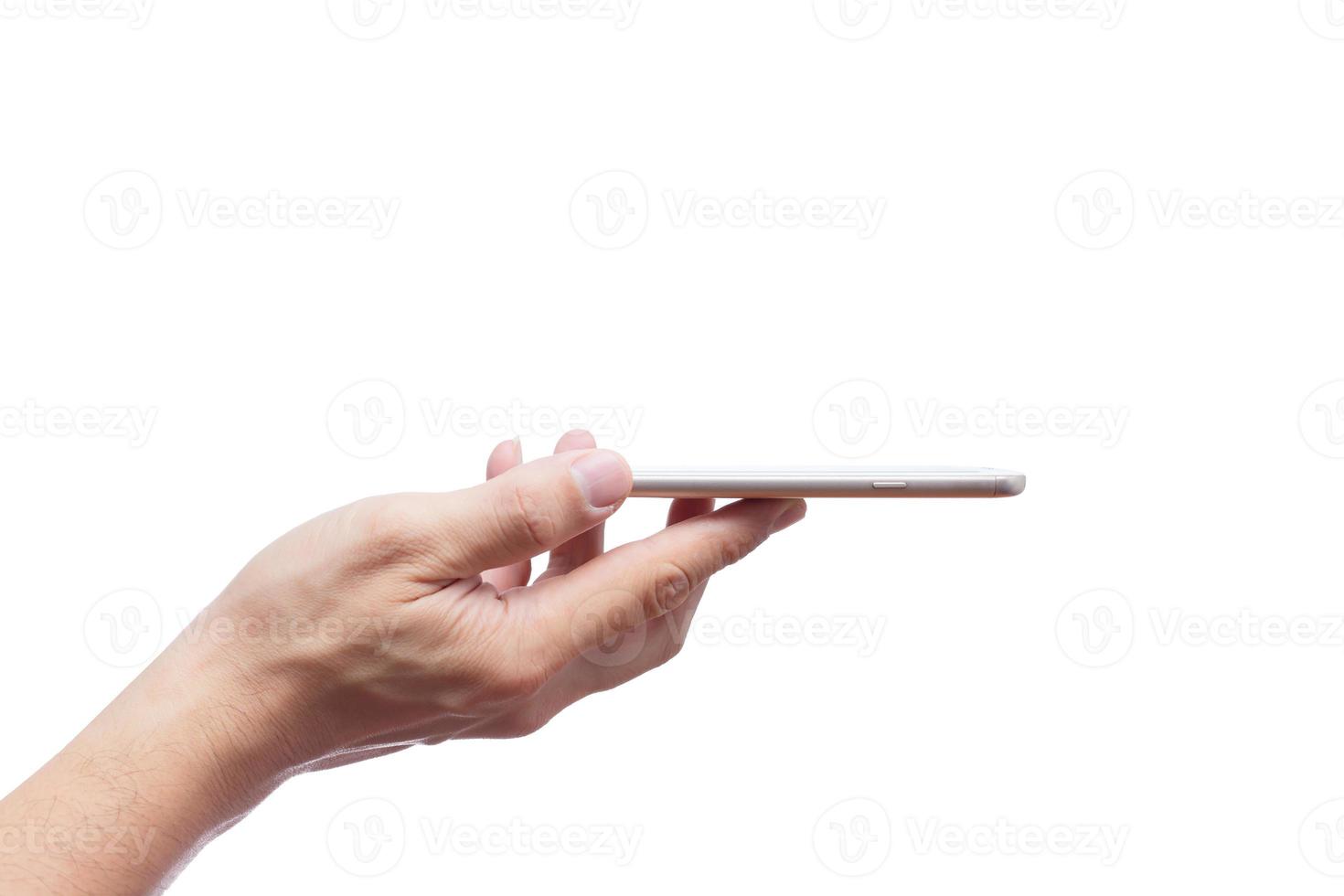 maschio mano con smartphone schermo viso su lato Visualizza isolato su bianca sfondo foto