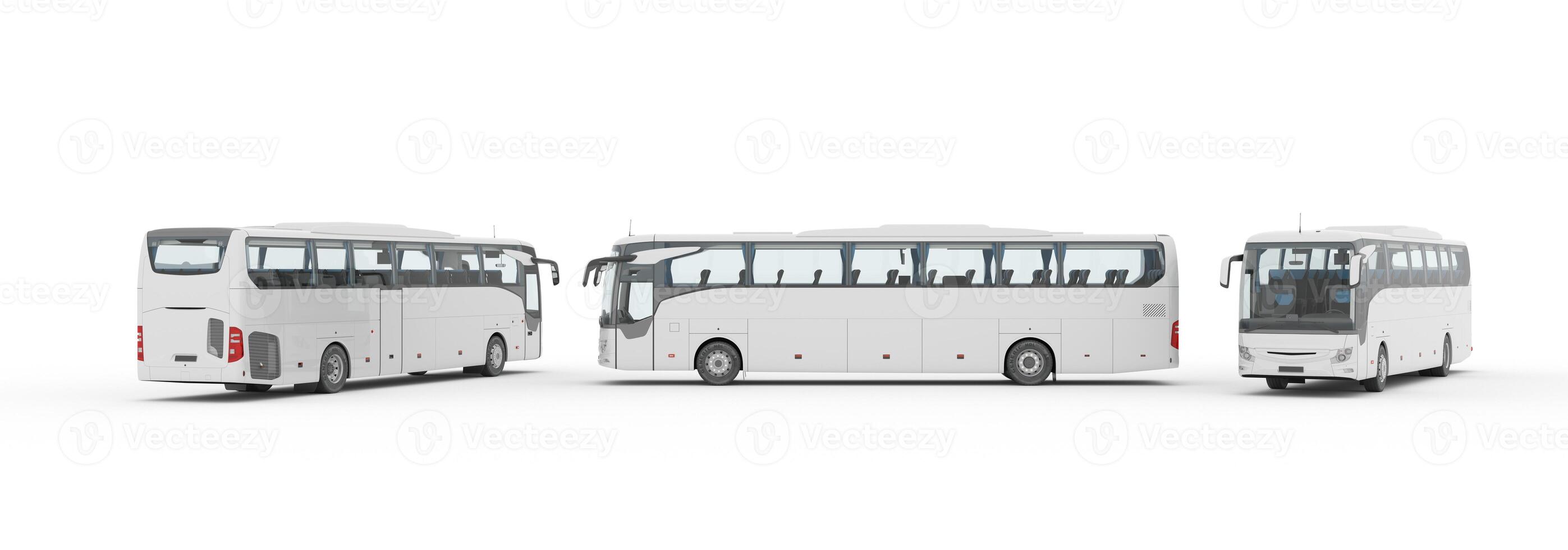 3d interpretazione autobus impostato con vuoto superficie per modello marchio, allenatore autobus modello 3d illustrazione, allenatore 3d autobus davanti, Indietro, e lato Visualizza isolato su bianca foto