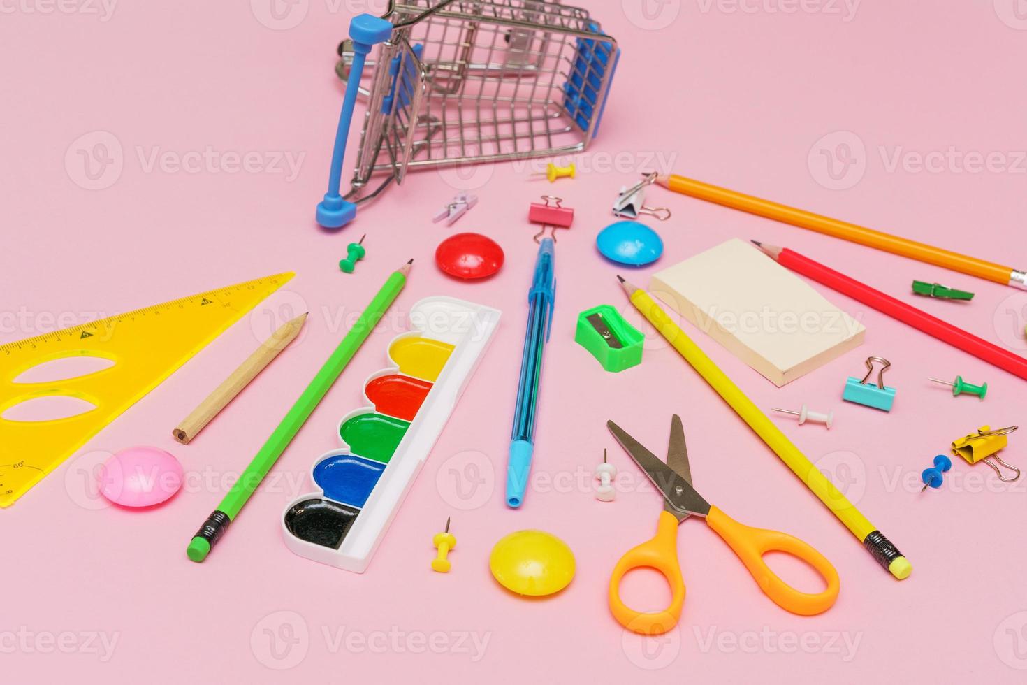 carrello bandiera con scuola giudizi su rosa sfondo. indietro per scuola concetto. foto