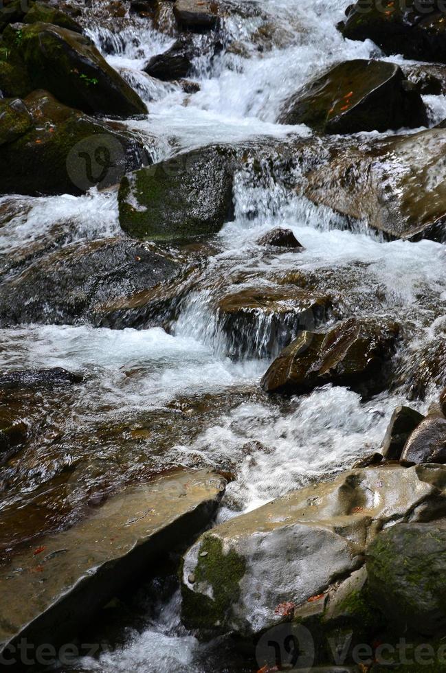 avvicinamento Immagine di un' piccolo selvaggio cascata nel il modulo di corto flussi di acqua fra montagna pietre foto