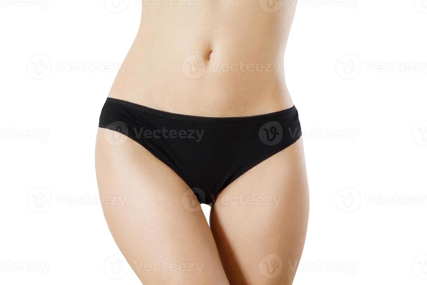 modello nero vuoto donna mutandine. vicino su femmina nel biancheria intima con copia spazio isolato su bianca sfondo. pelle cura e bikini capelli rimozione concetto. radersi bikini linea. finto su di donne mutande foto