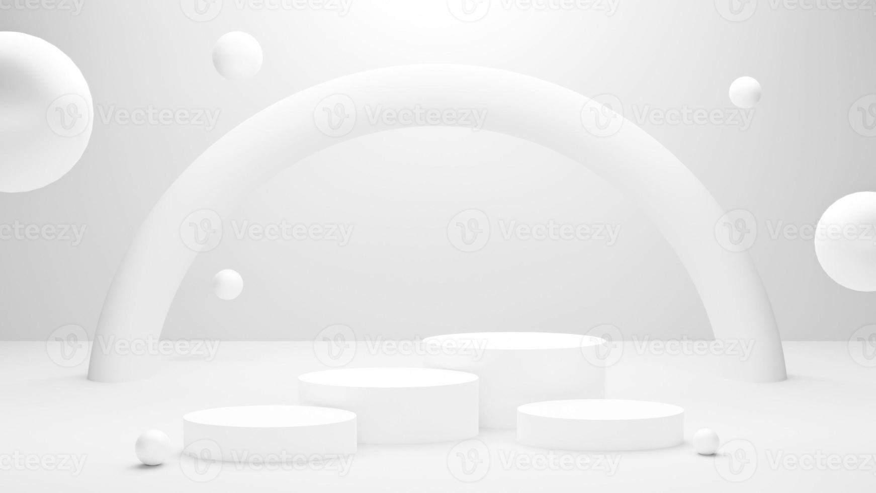 bianca podio o bianca cerchio piattaforma su il studio luminosa illuminazione, concetto di minimo e pulito per collocazione prodotti, 3d interpretazione Immagine. foto