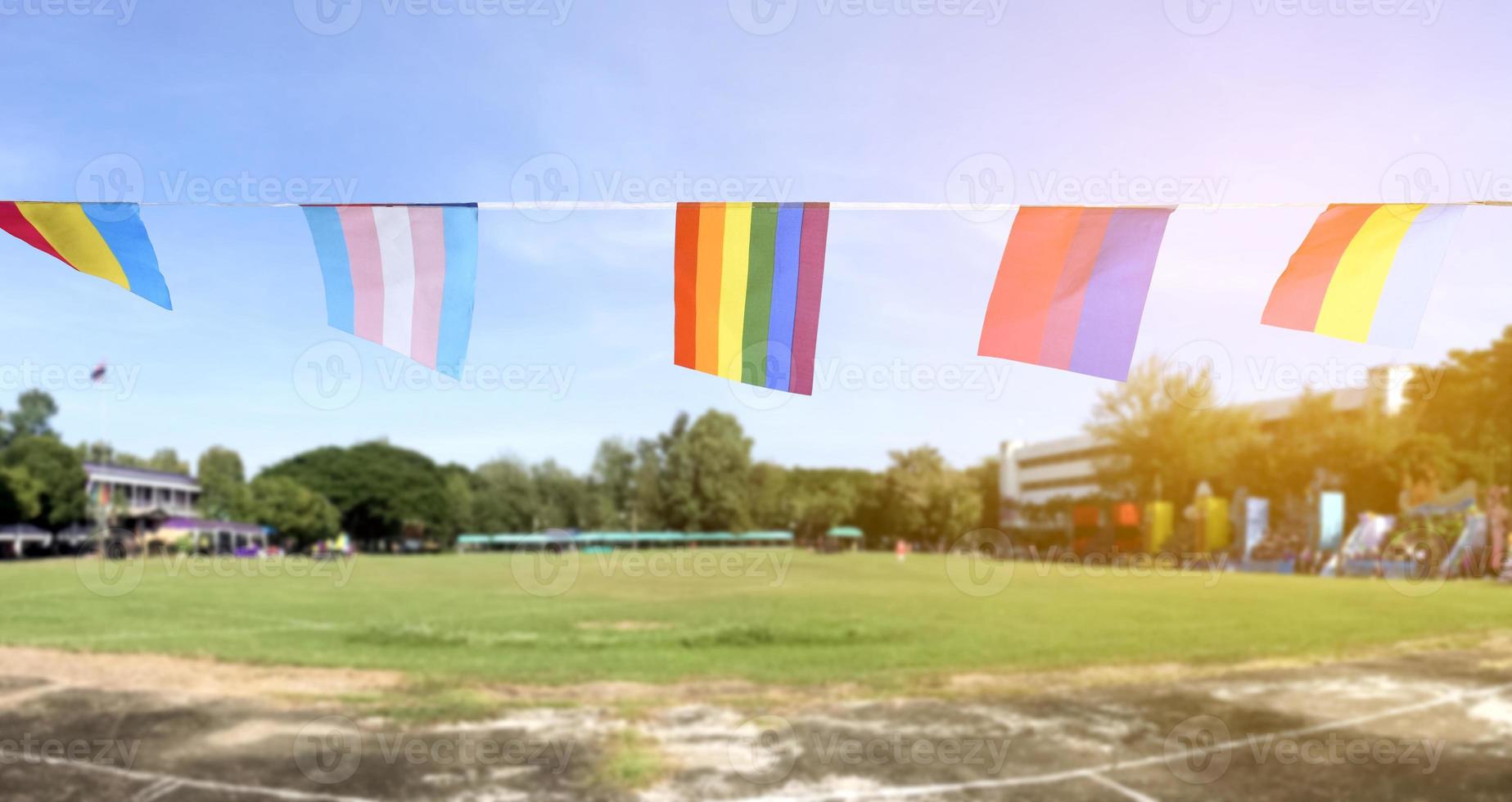 LGBTQ più bandiere erano sospeso su filo contro cielo blu su soleggiato giorno, morbido e selettivo messa a fuoco, concetto per LGBTQ più Genere celebrazioni nel orgoglio mese in giro il mondo. foto