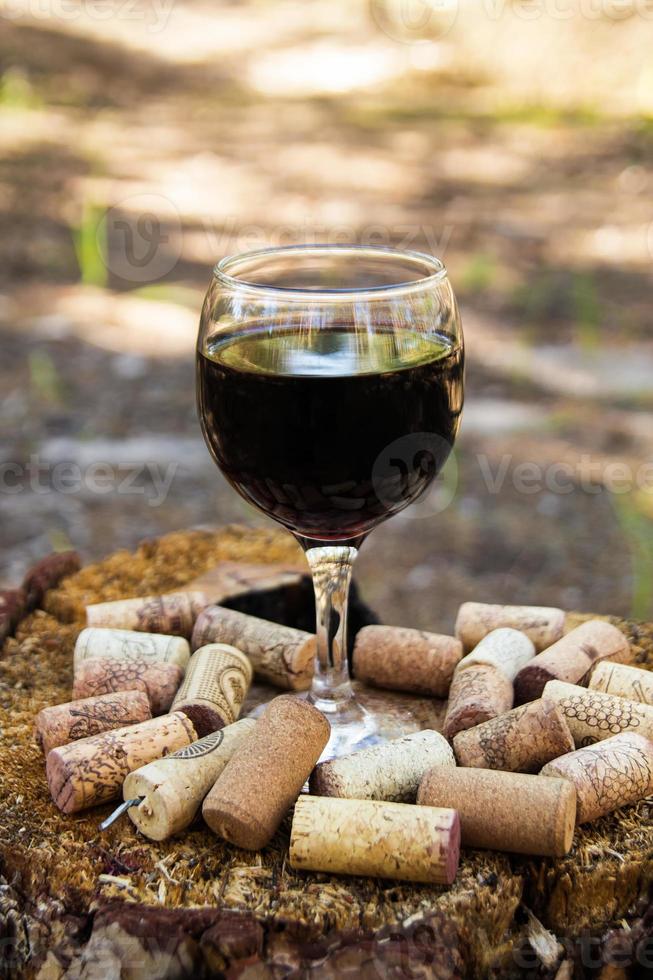 un' bicchiere con un' rosso vino e vino tappi su un' ceppo su un' sfondo di un' estate foresta nel un' soleggiato giorno. foto