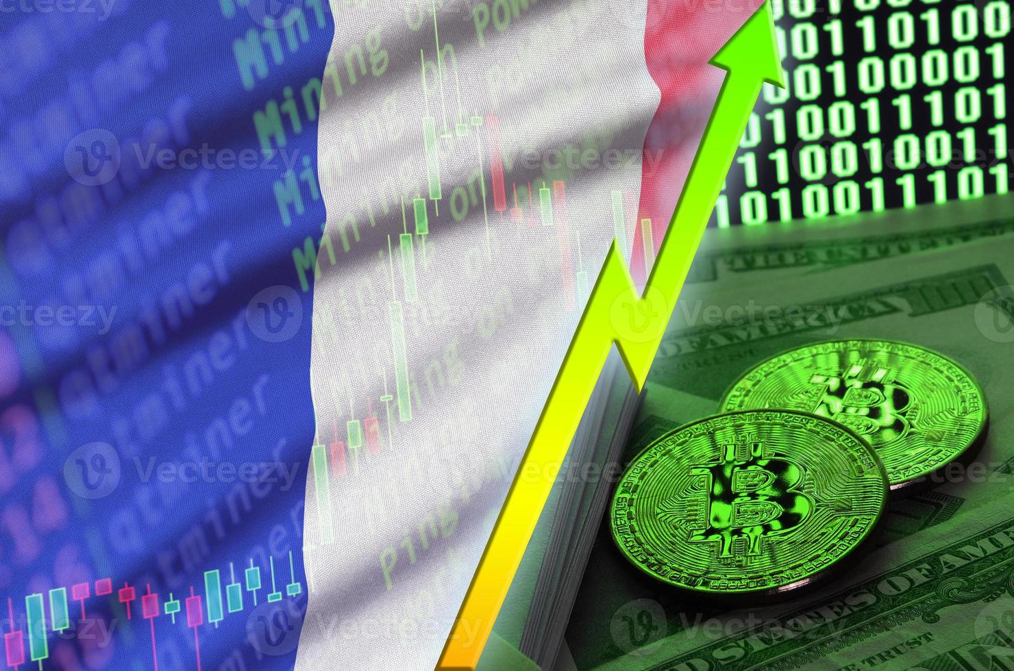 Francia bandiera e criptovaluta in crescita tendenza con Due bitcoin su dollaro fatture e binario codice Schermo foto