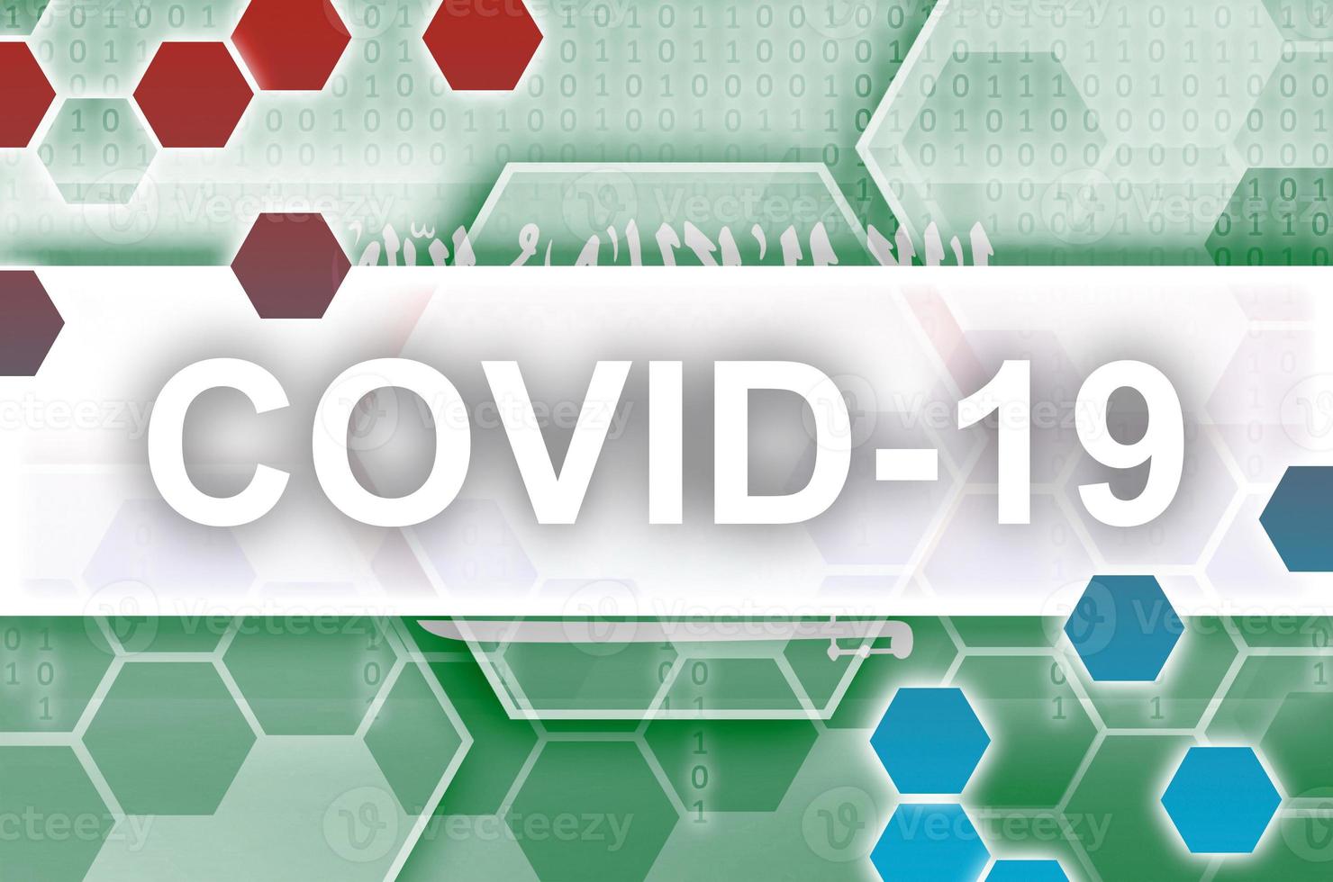 Arabia arabia bandiera e futuristico digitale astratto composizione con covid-19 iscrizione. coronavirus scoppio concetto foto