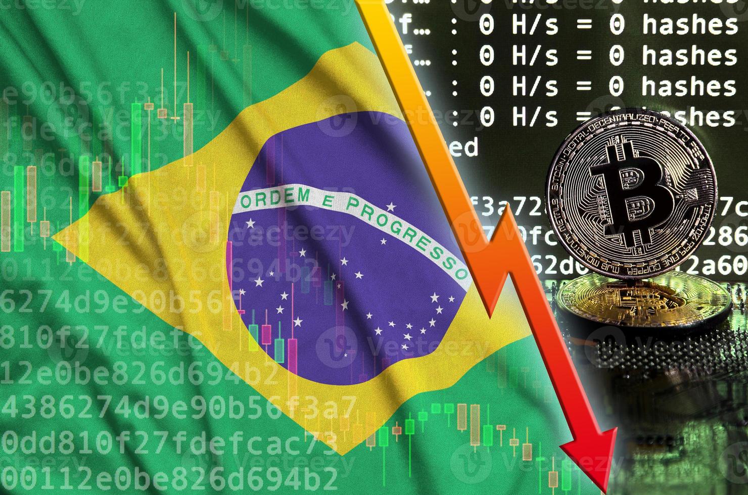 brasile bandiera e caduta rosso freccia su bitcoin estrazione schermo e Due fisico d'oro bitcoin foto