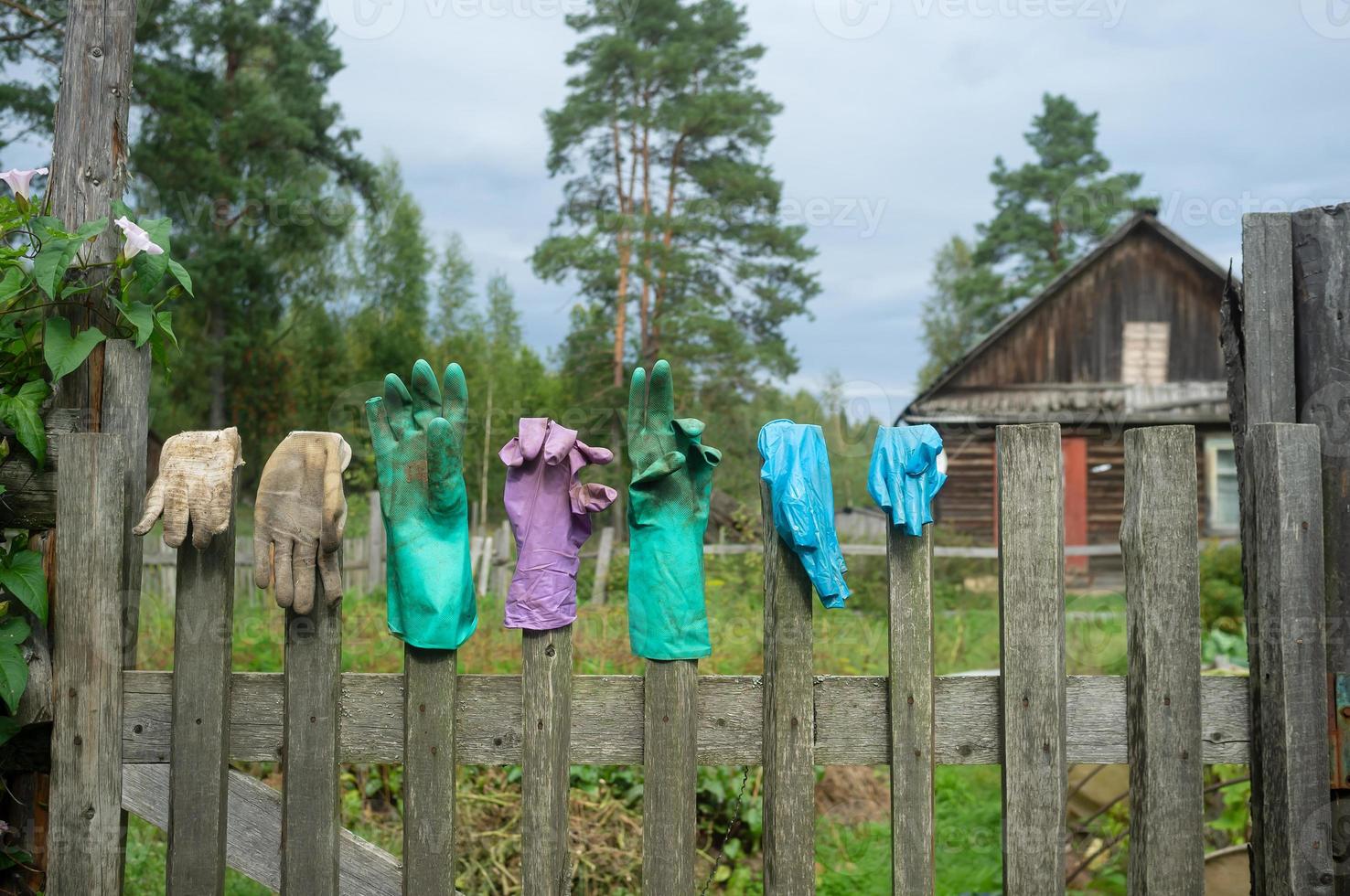 vecchio, sporco gomma da cancellare guanti di diverso colori siamo secco su un' recinzione, nel il campagna, contro il fondale di un' Casa. foto