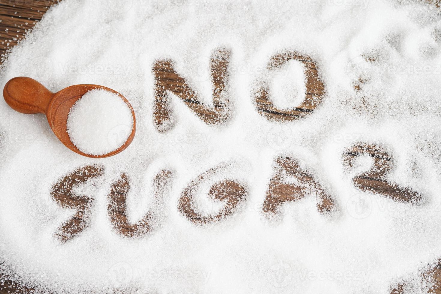 no zucchero, dolce granulato zucchero con testo, diabete prevenzione, dieta e peso perdita per bene Salute. foto