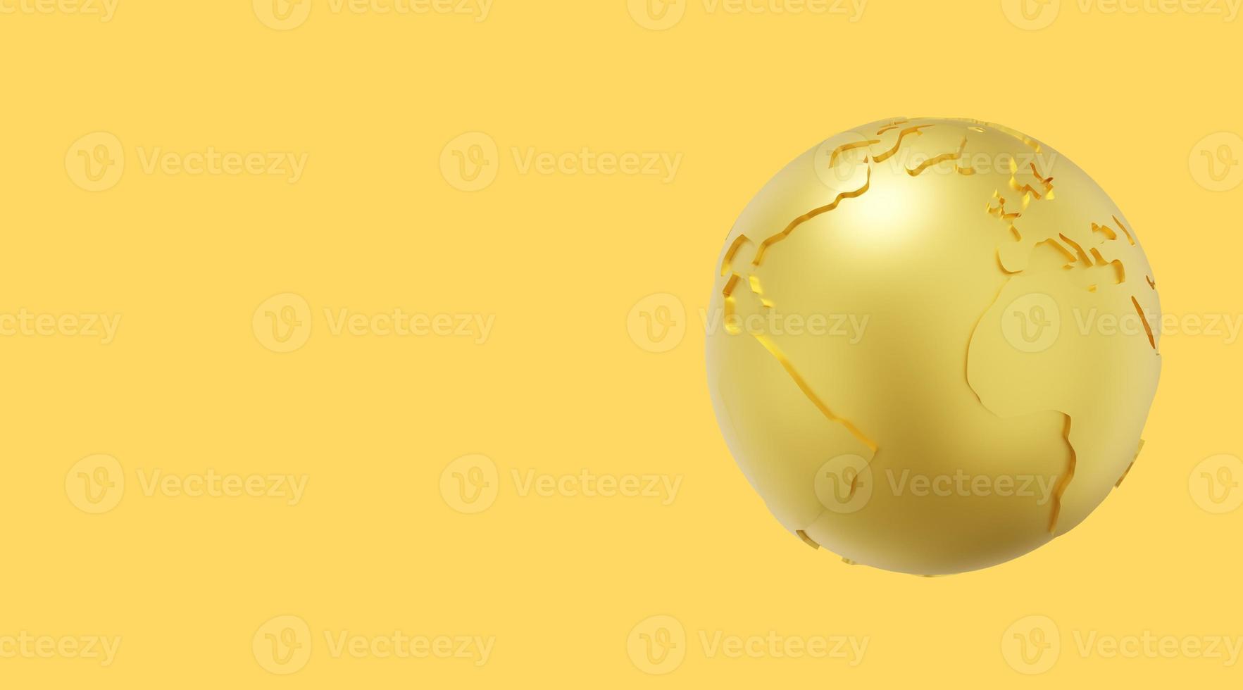 globo terra. minimalista cartone animato. oro icona su giallo sfondo con spazio per testo. 3d resa. foto