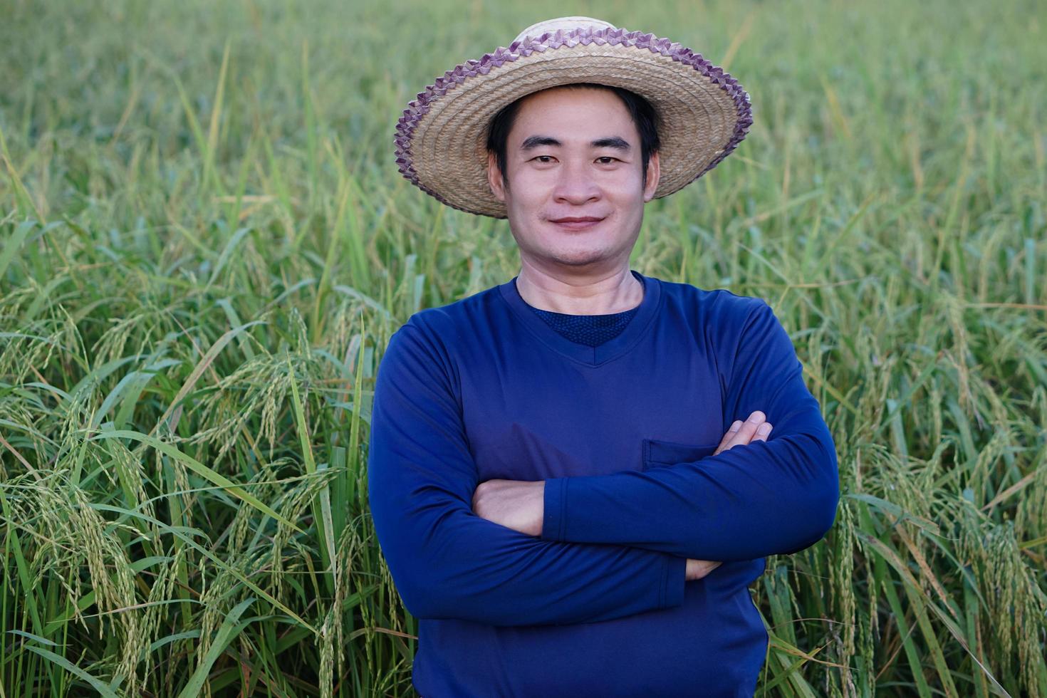 bello asiatico uomo contadino è a risaia campo, indossa cappello, blu camicia, attraversare braccia su il petto, sentire fiducioso. concetto ,agricoltura occupazione. contadino con biologico Riso. foto