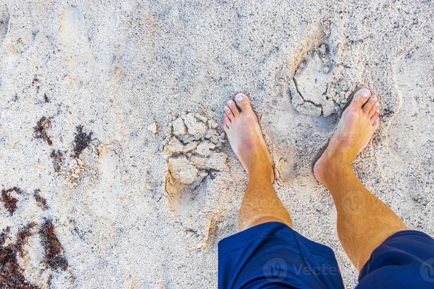 a piedi a piedi nudi su il spiaggia sabbia di il acqua Messico. foto