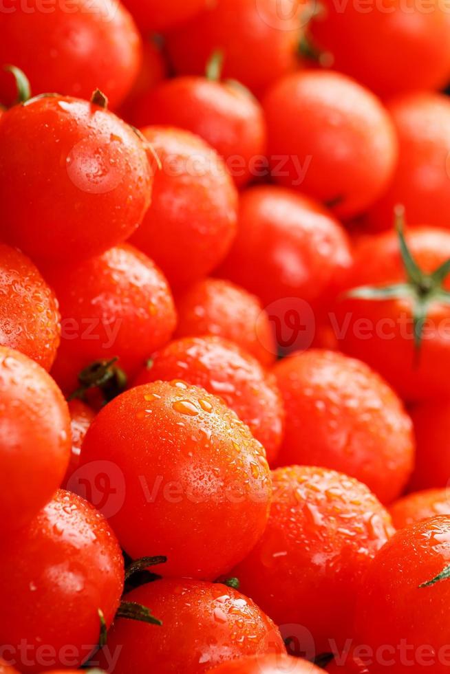 fresco ciliegia pomodori con avvicinamento. sfondo rosso pomodori. macro. foto