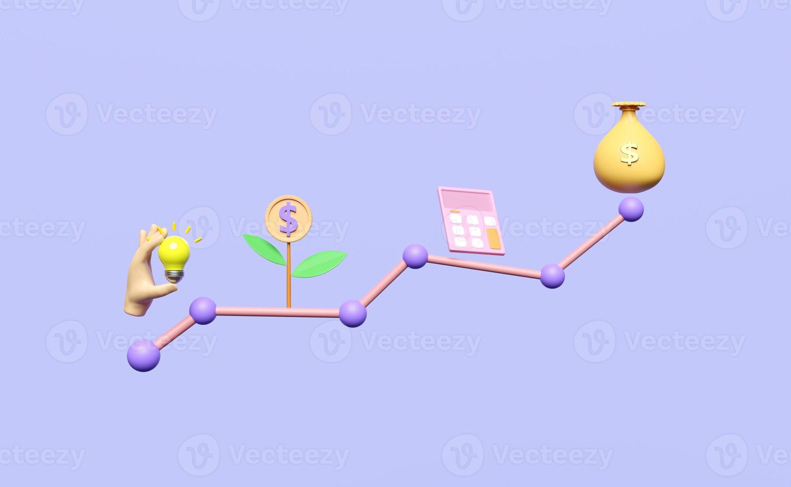 3d attività commerciale analisi strategia concetto isolato su viola sfondo. calcolatrice, grafici grafico, i soldi Borsa, mani Tenere leggero lampadina, albero icona per banca, finanza, investimento, 3d rendere illustrazione foto