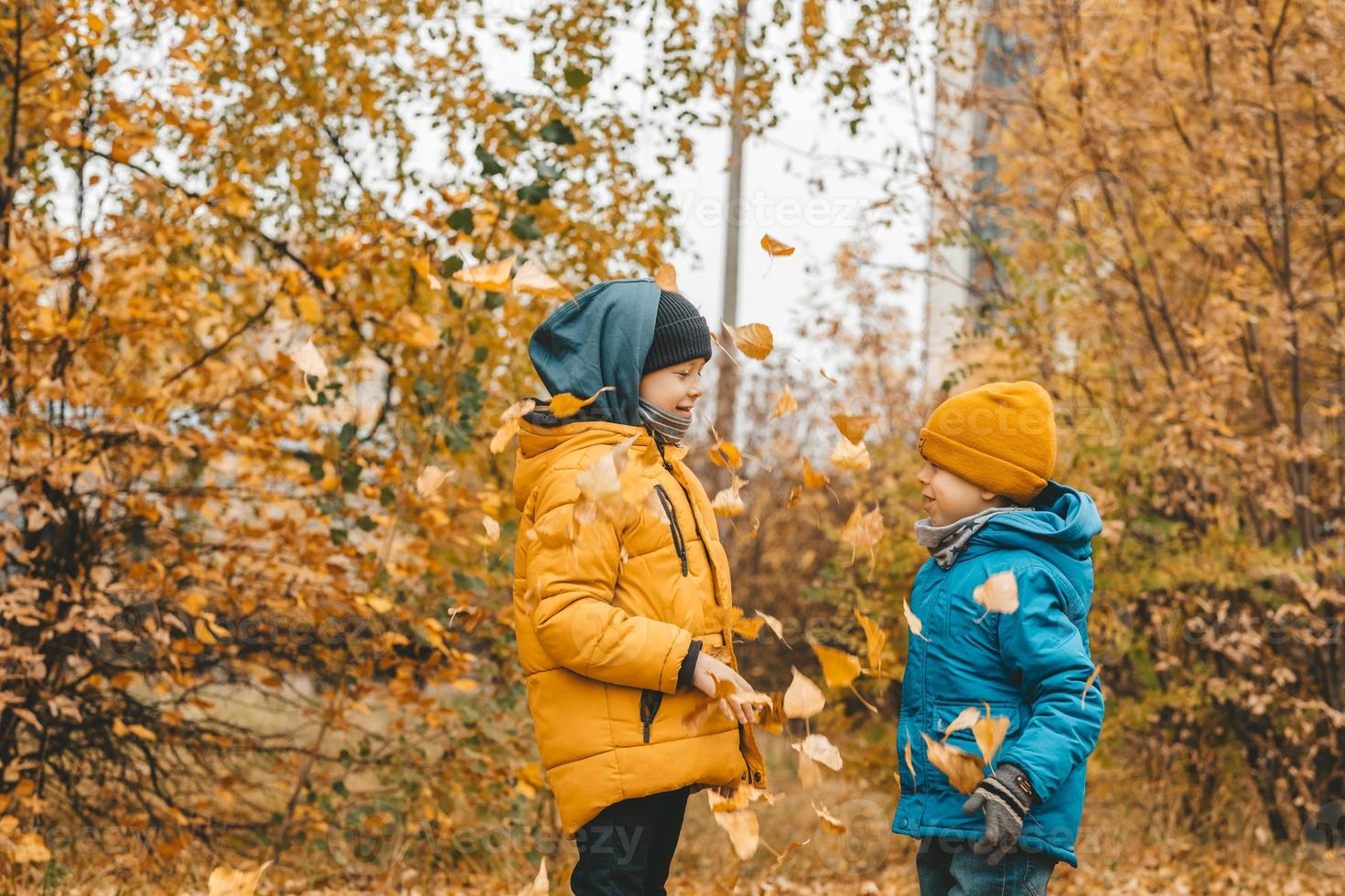 ragazzi nel un' giacca spargimento le foglie nel un autunno parco. il bambino gioisce nel il autunno le foglie. il ragazzi siamo contento di autunno. a piedi nel il autunno parco. contento infanzia foto