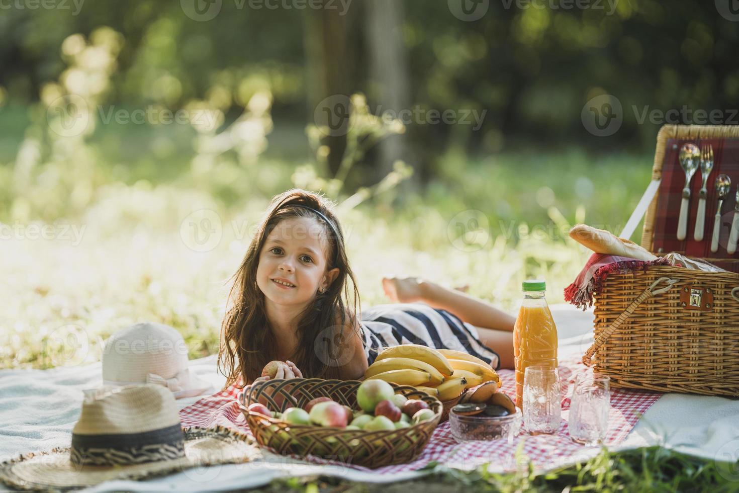 poco ragazza godendo giorno nel natura su picnic foto