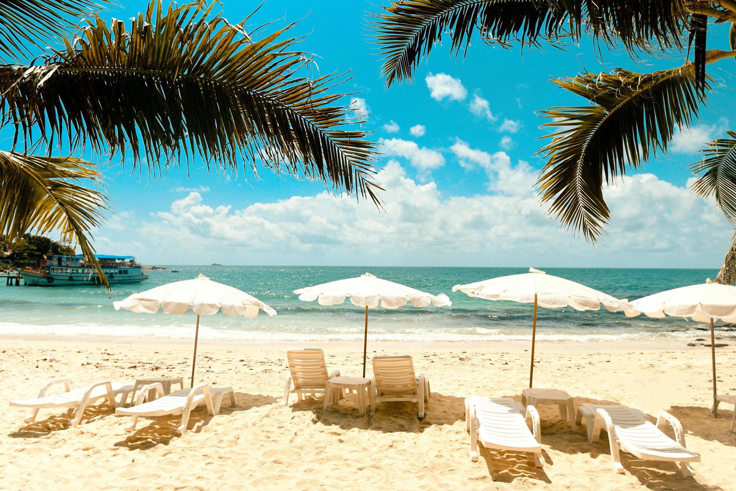 tropicale vacanza Noce di cocco foglia palma albero su il spiaggia con sole leggero su blu cielo mare e oceano sfondo estate vacanza natura viaggio bellissimo estate paesaggio con sedia spiaggia ombrello su sabbia foto