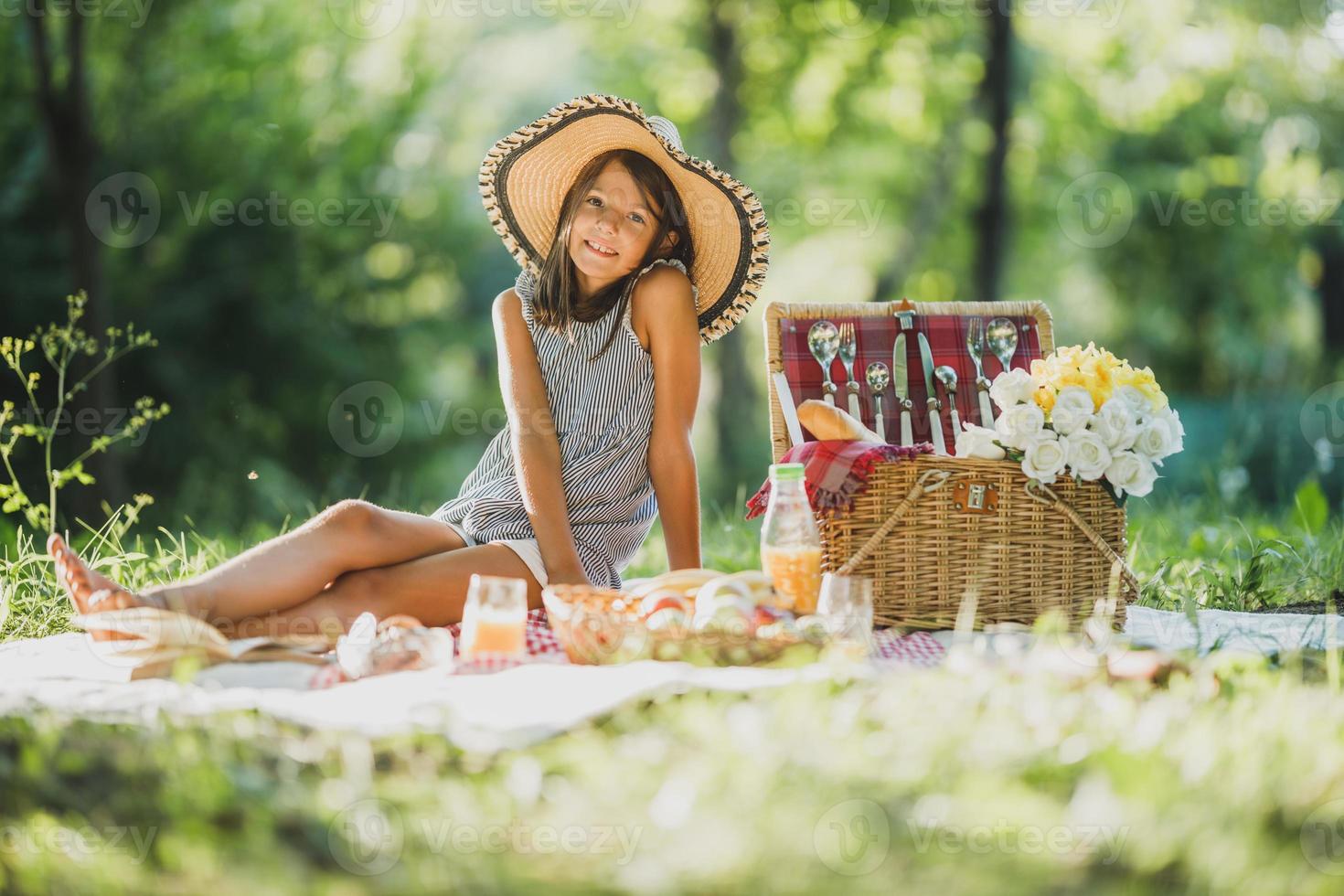 poco ragazza godendo giorno nel natura su picnic foto