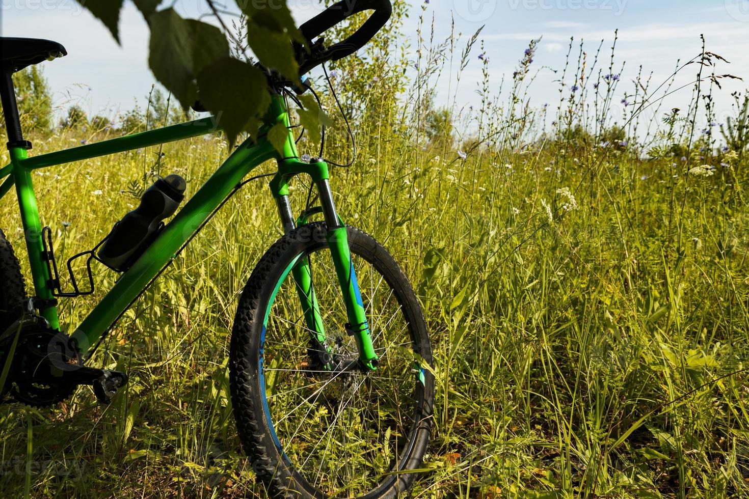 Ciclismo, montagna bicicletta ruota su verde erba. foto