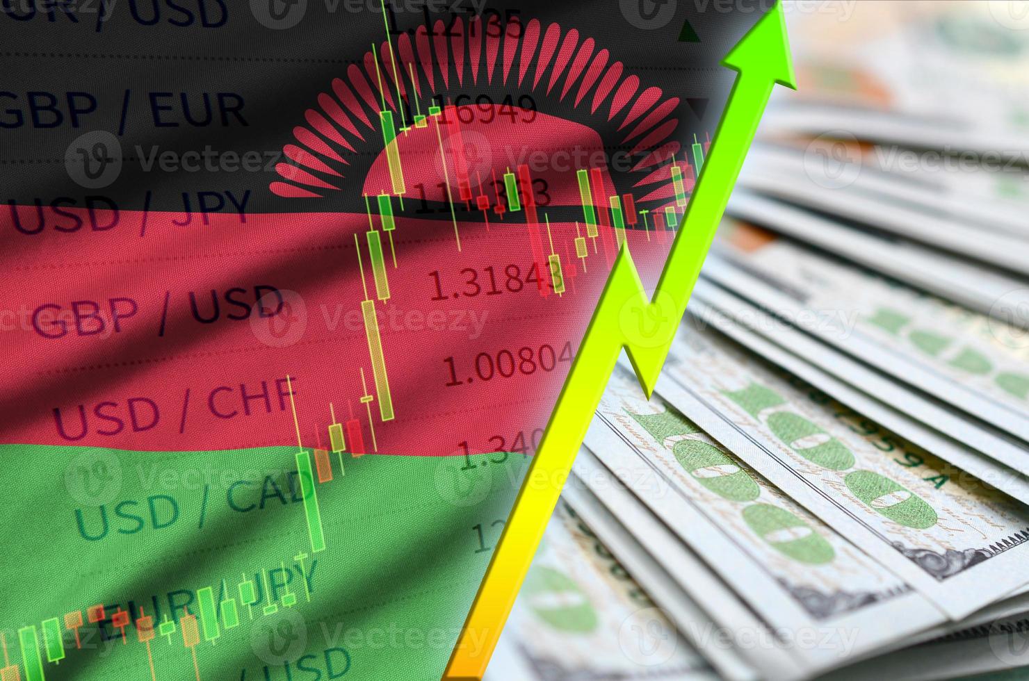 malawi bandiera e grafico in crescita noi dollaro posizione con un' fan di dollaro fatture foto