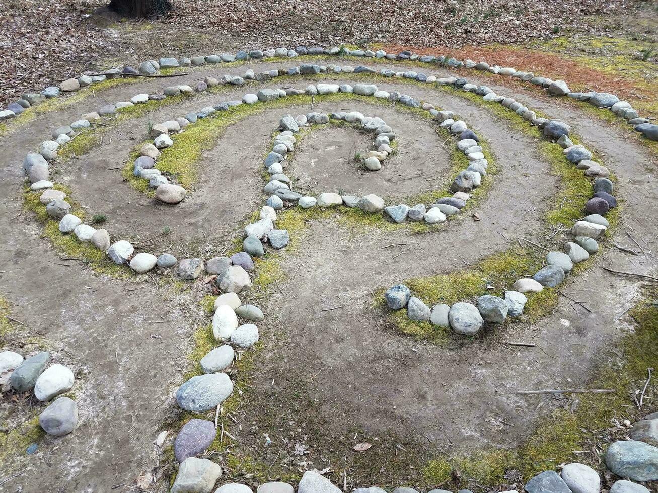 labirinto o spirale di rocce o pietre su il terra foto