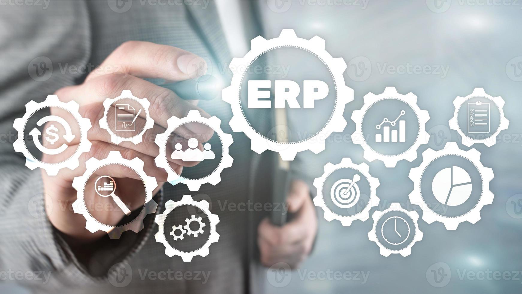 erp sistema, impresa risorsa pianificazione su sfocato sfondo. attività commerciale automazione e innovazione concetto foto