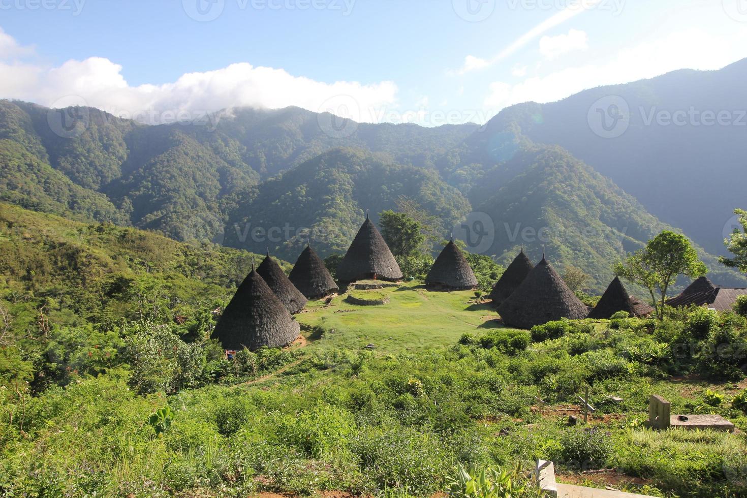 wae rebo villaggio, wae rebo è un vecchio mangaraio villaggio, situato nel il piacevole, isolato montagna scenario. si sente fresco aria e vedere il bellissimo momento nel fiori, Indonesia foto